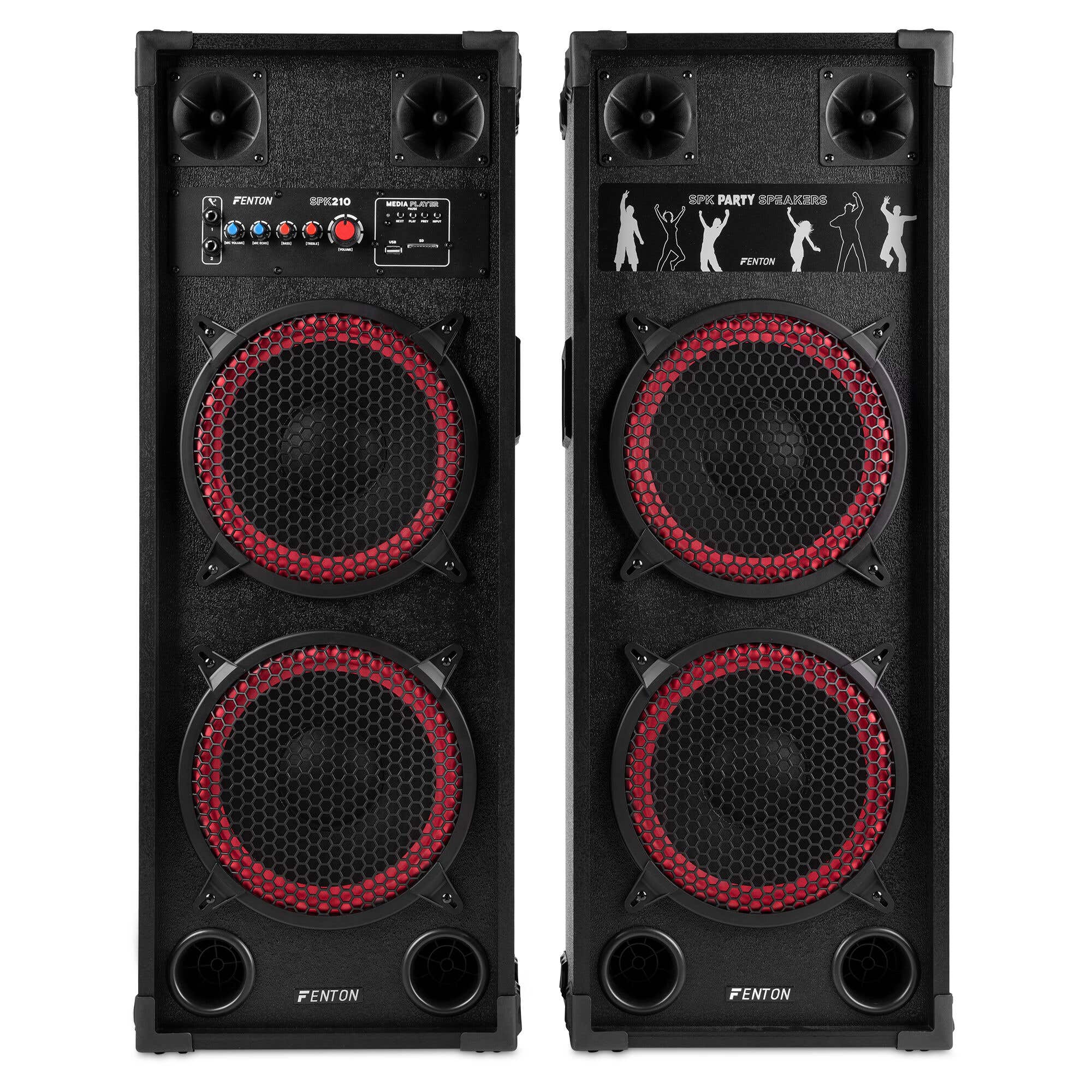 Fenton SPK-210 – Altavoces activos PA con doble woofer de 10” Bluetooth, MP3 y sonido potente para fiestas y karaoke