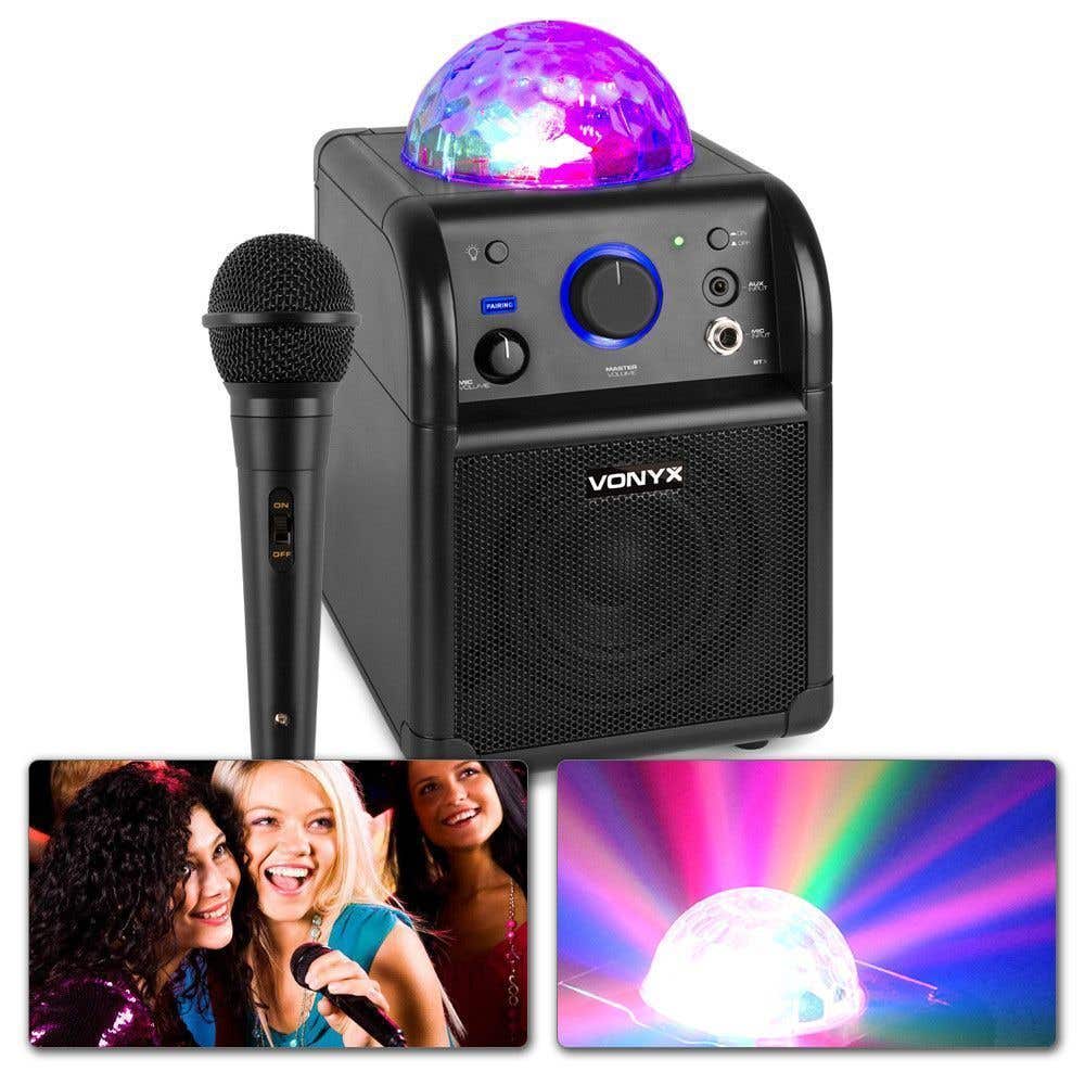 Vonyx SBS50B Altavoz portátil Karaoke para Fiesta con micrófono y Bola de Discoteca - Negro