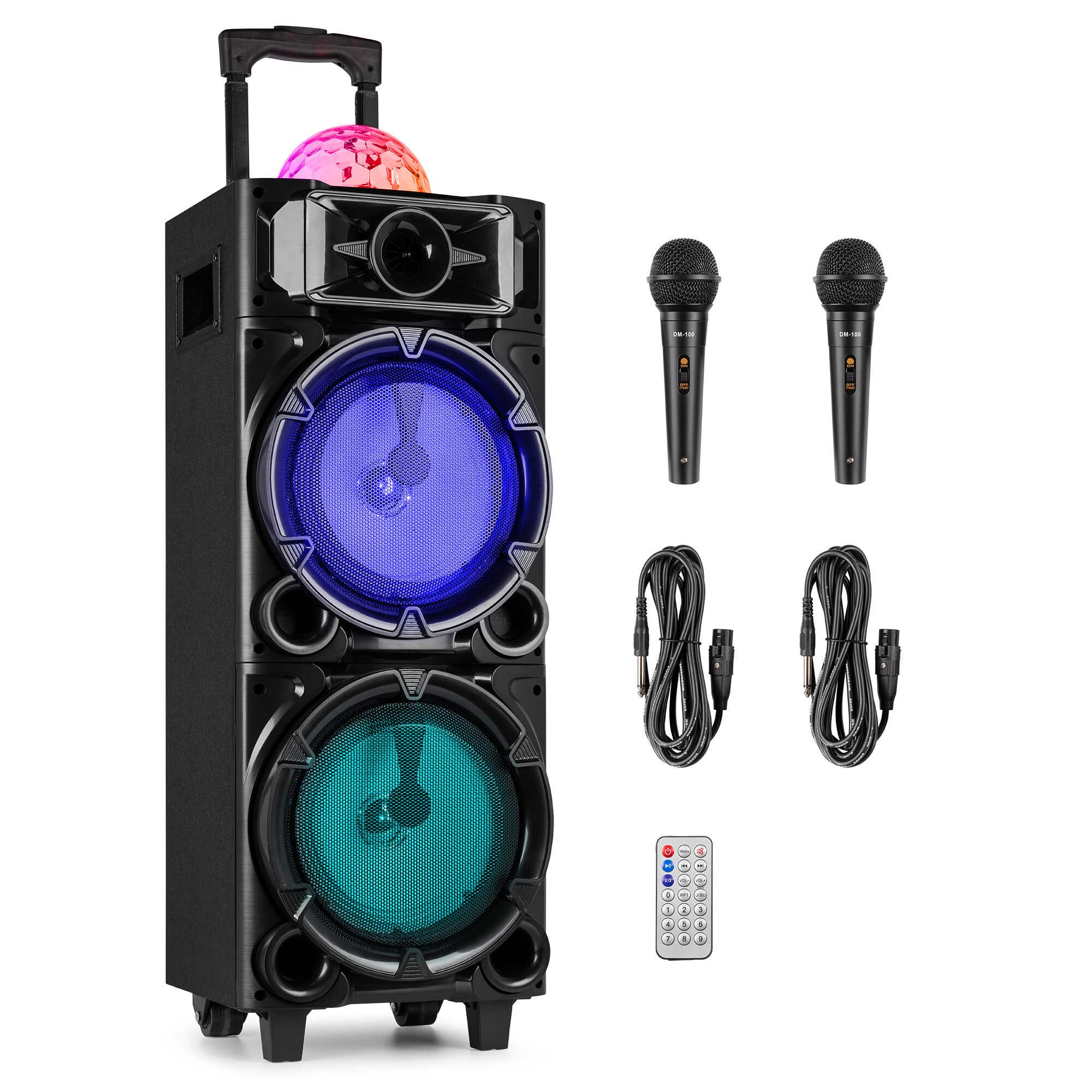 Reacondicionado - Fenton LIVE290 - Altavoz karaoke 300W con Bluetooth, batería, luces LED y 2 micrófonos incluidos