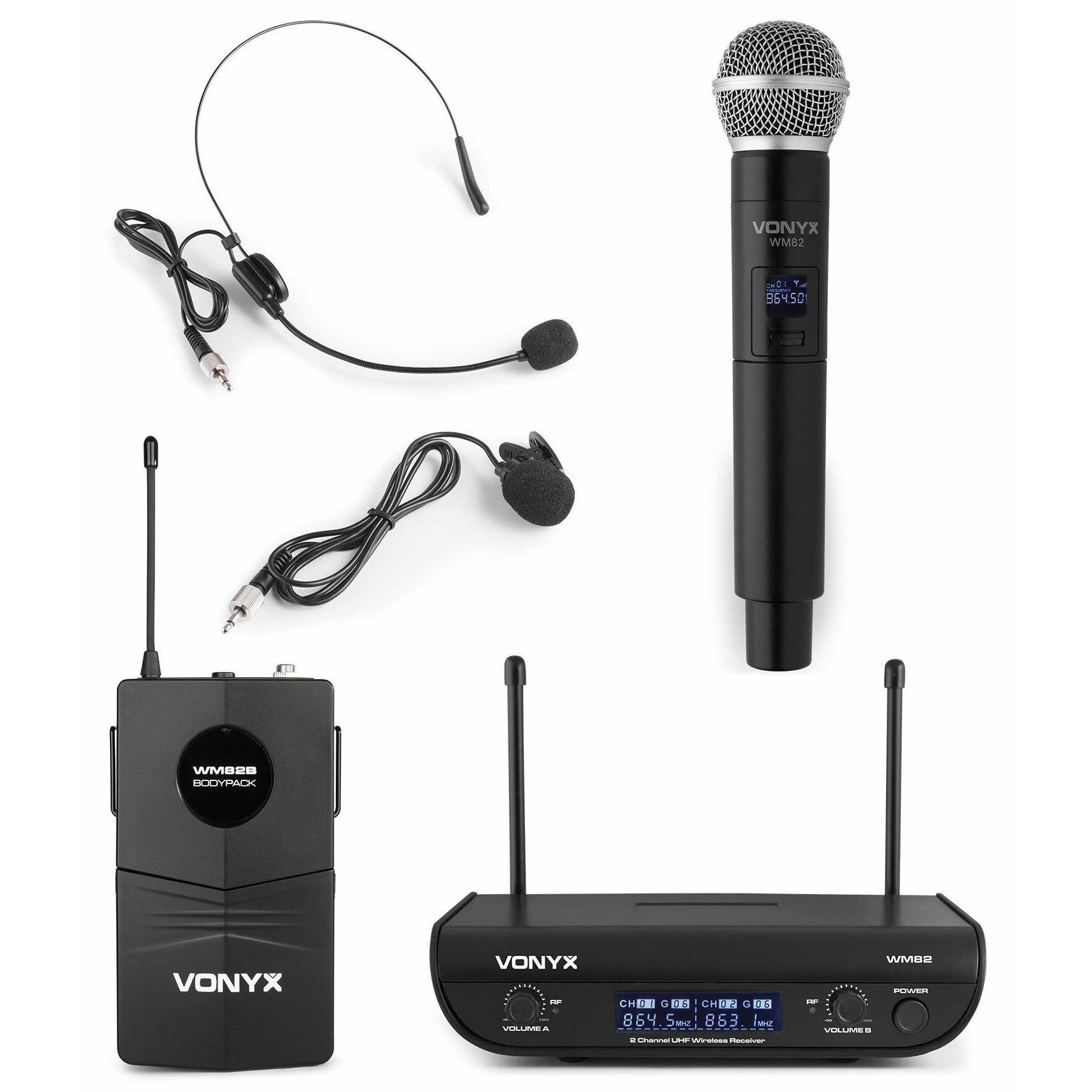 Reacondicionado - Vonyx WM82C Micrófono inalámbrico digital UHF de 2 canales con micrófonos de mano, diadema y solapa