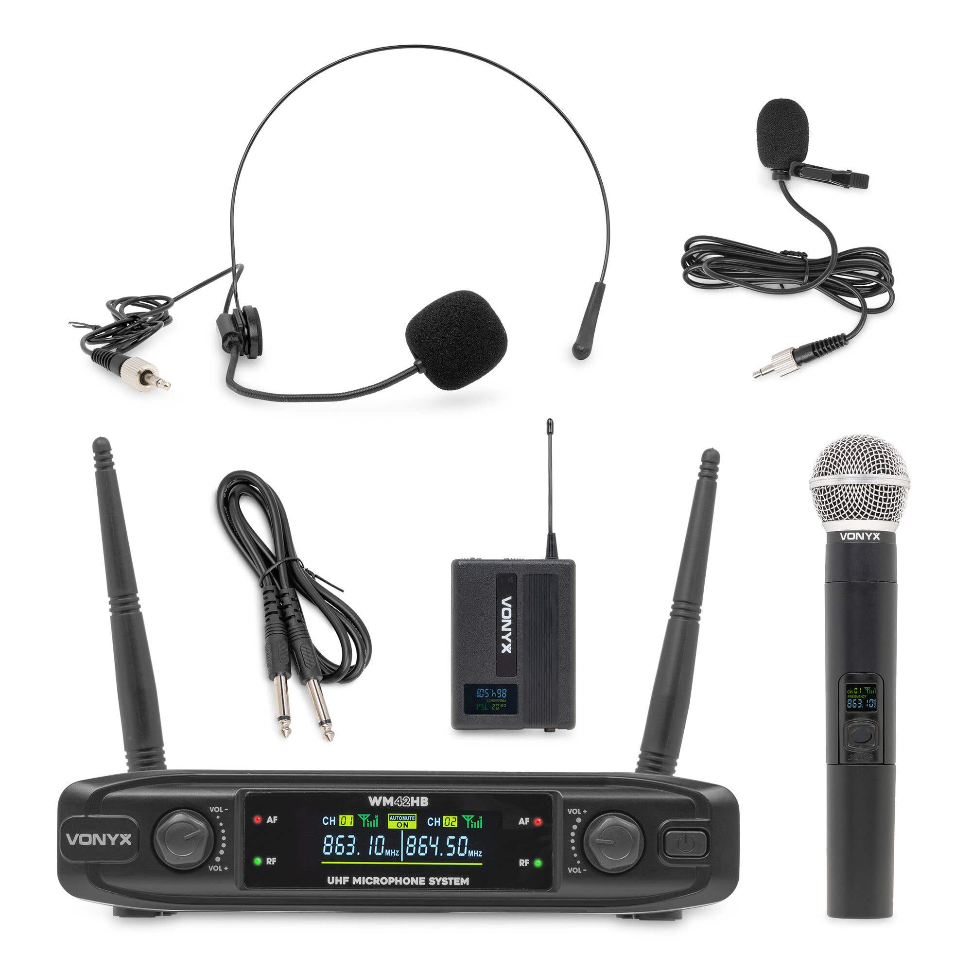 Vonyx WM42HB – Receptor para micrófonos UHF con micrófono de mano y petaca con diadema o solapa