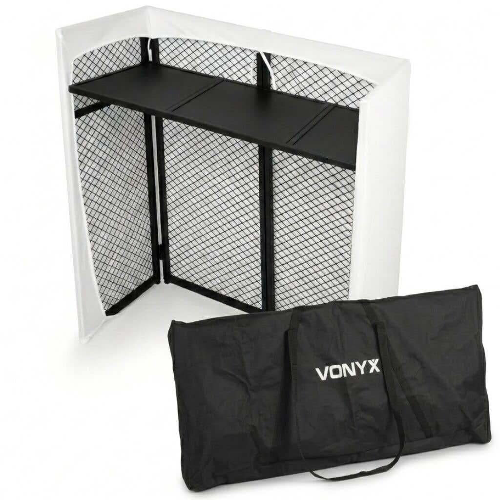 Vonyx DBC105 – Cabina DJ plegable de aluminio, anchura de 1m con lycras ignífugas negras y blancas, bolsa de transporte incluida,  25 kg