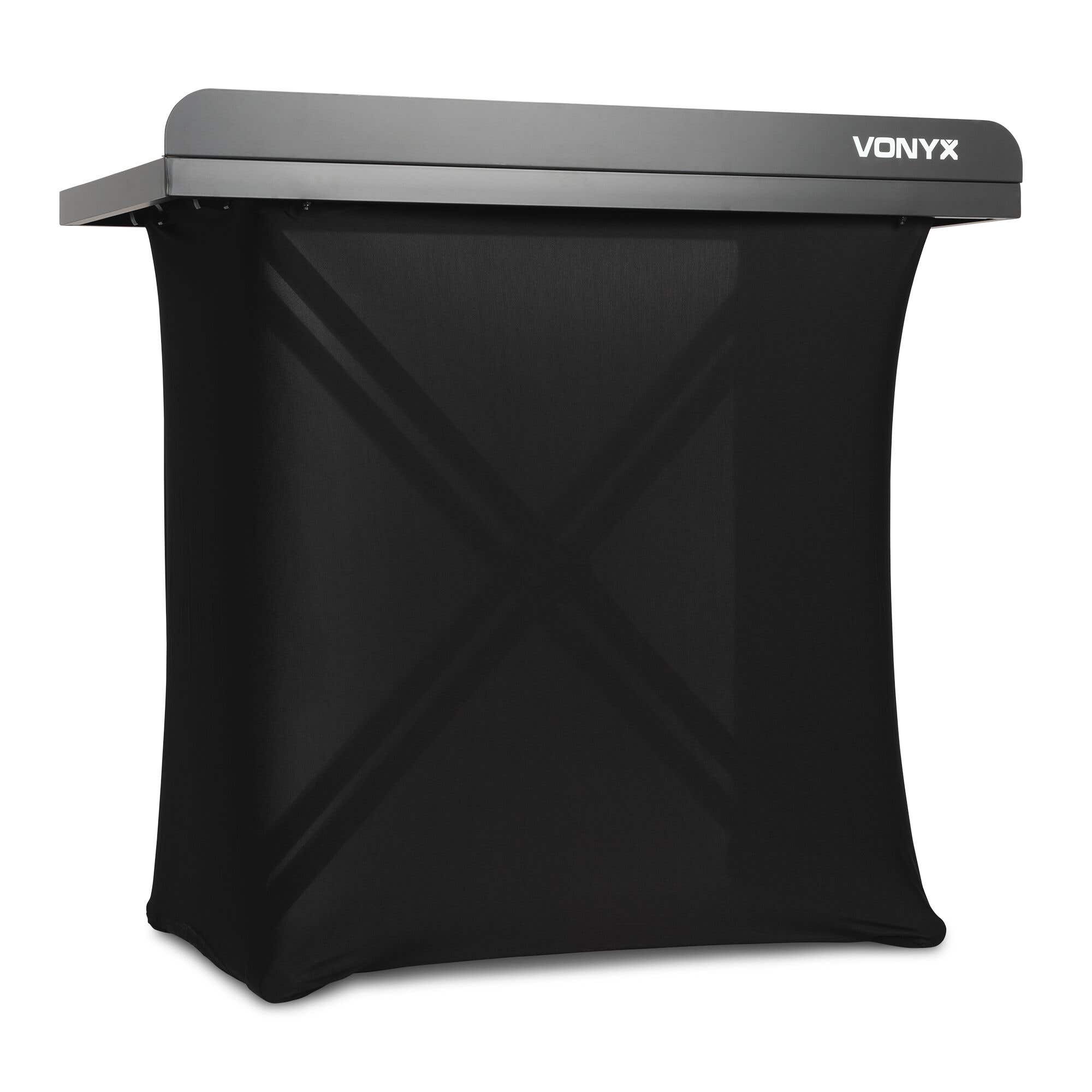 Vonyx DBE100 – Cabina DJ plegable de 1 metro con altura regulable, 2 lycras (blanco y negro) y bolsa de transporte