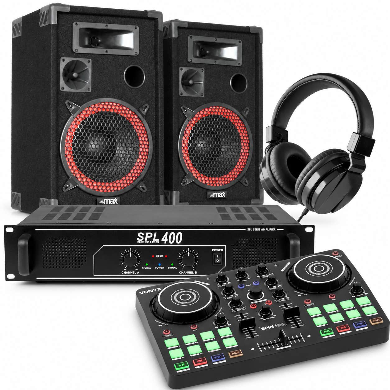 Vonyx Spin200 - Pack DJ completo con controladora, amplificador 2x200W, altavoces 8