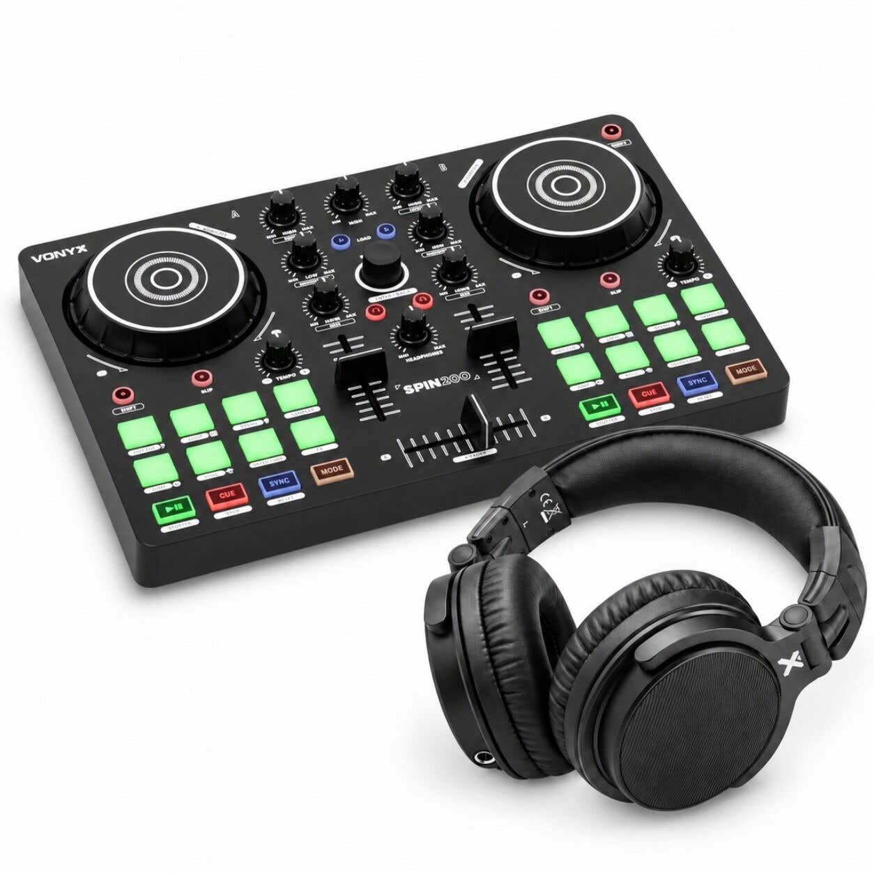 Vonyx Spin200 + HDX50BK - Pack controladora DJ con 2 jog wheels, 16 pads, Virtual DJ LE y auriculares