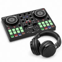 Vonyx Spin200 + HDX50BK - Pack controladora DJ con 2 jog wheels, 16 pads, Virtual DJ LE y auriculares