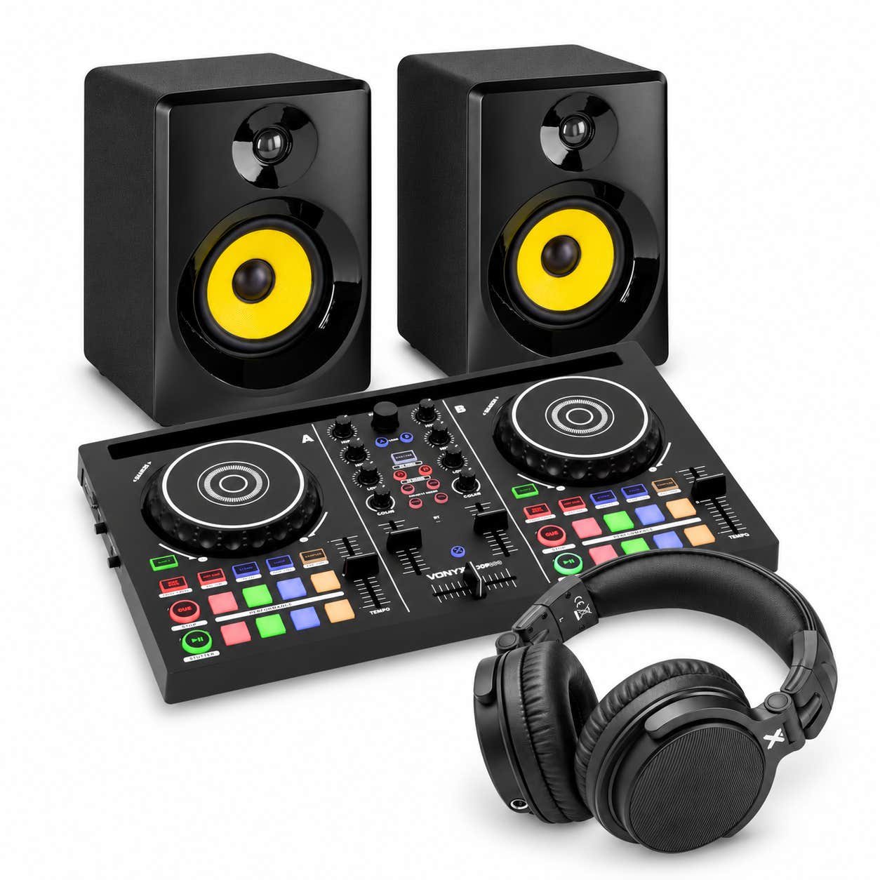 Vonyx Loop200 - Pack DJ con controladora de 2 canales, monitores de estudio 100W, auriculares y cable