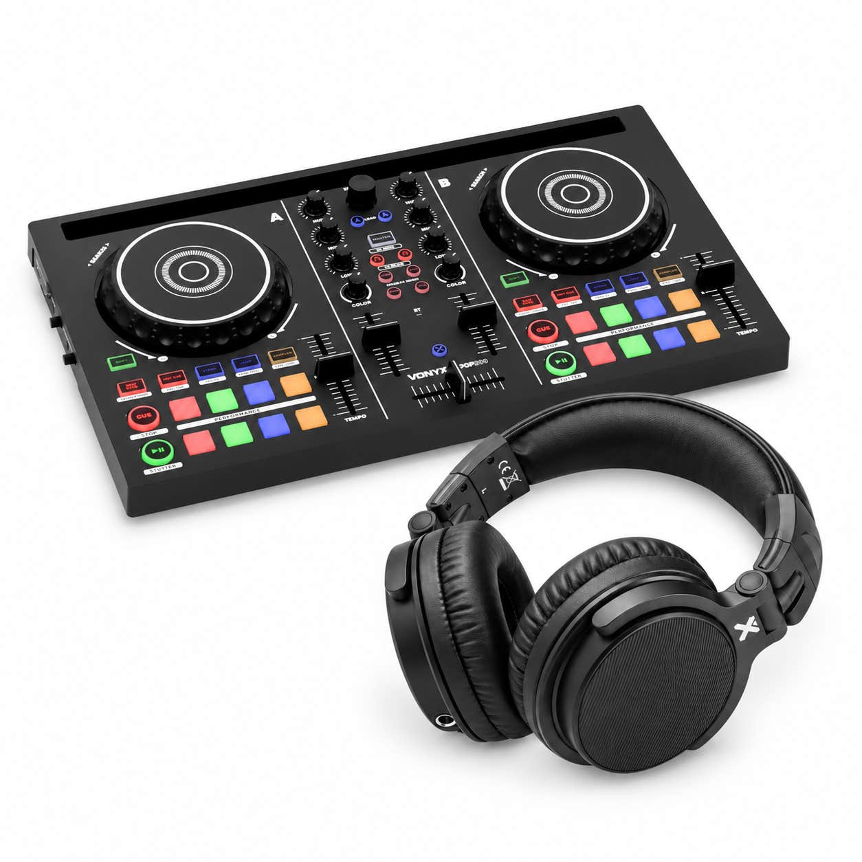 Vonyx Loop200 + HDX50BK - Pack controladora DJ con jog wheels táctiles, EQ de 3 bandas y auriculares