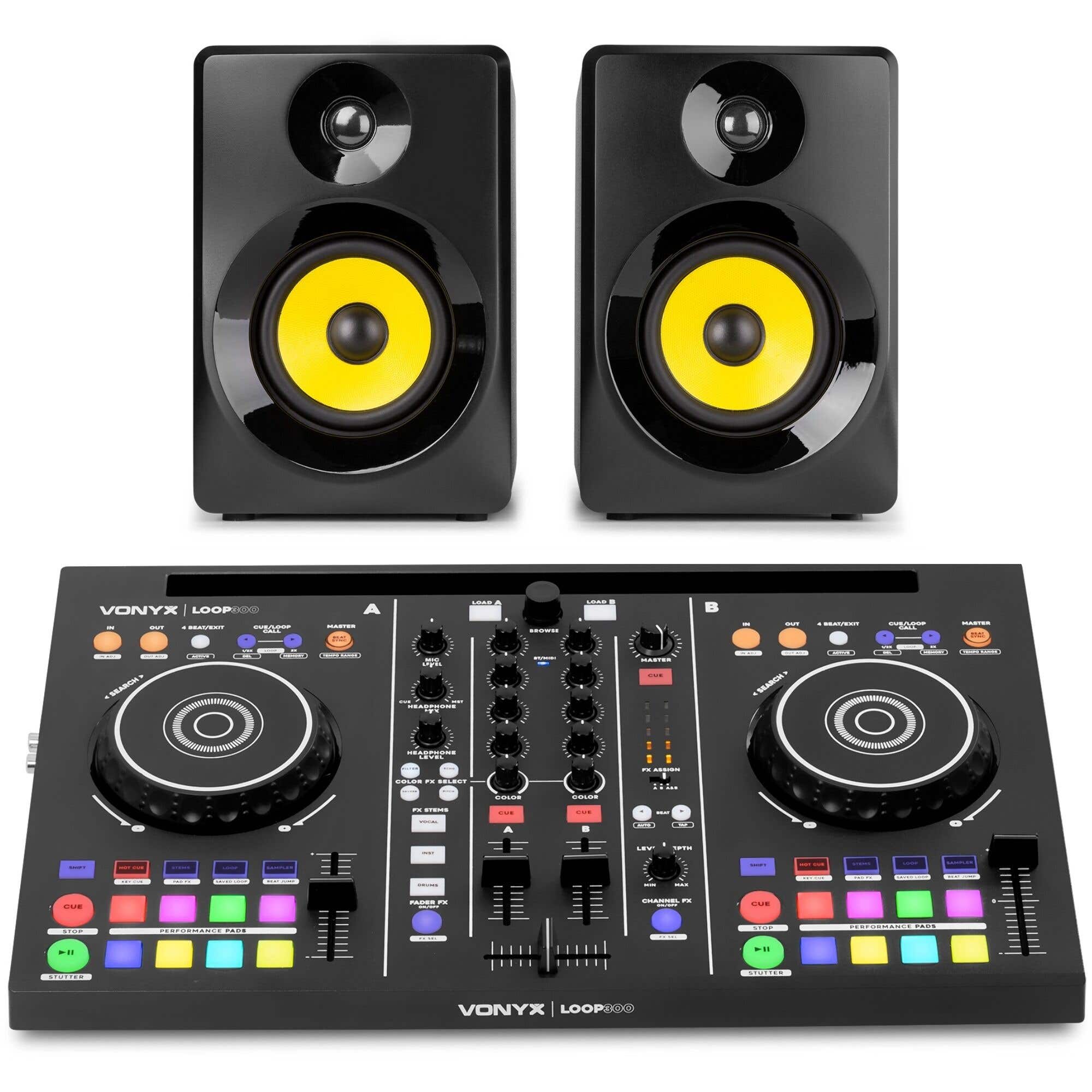 Vonyx Loop300 + SMN40B - Pack controladora DJ con entrada de micro, monitores de estudio 100W y cable