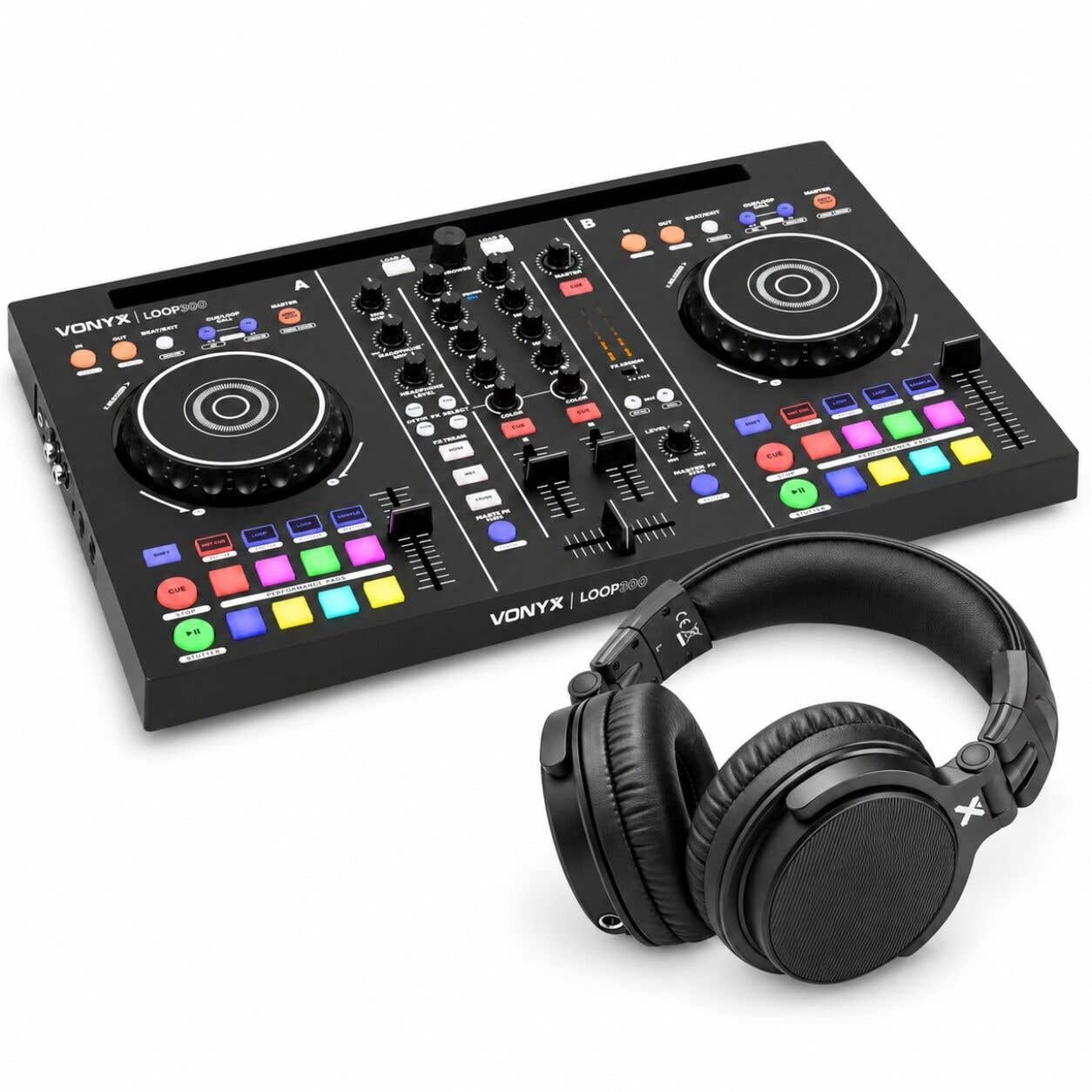 Vonyx Loop300 + HDX50BK - Pack controladora DJ con efectos, entrada de micro, salida RCA y auriculares