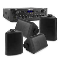 Pack de Sistema de Sonido Profesional, amplificador con Bluetooth, USB, SD y 4 Altavoces Resistentes al Agua IP56 para Interior y Exterior - Negro