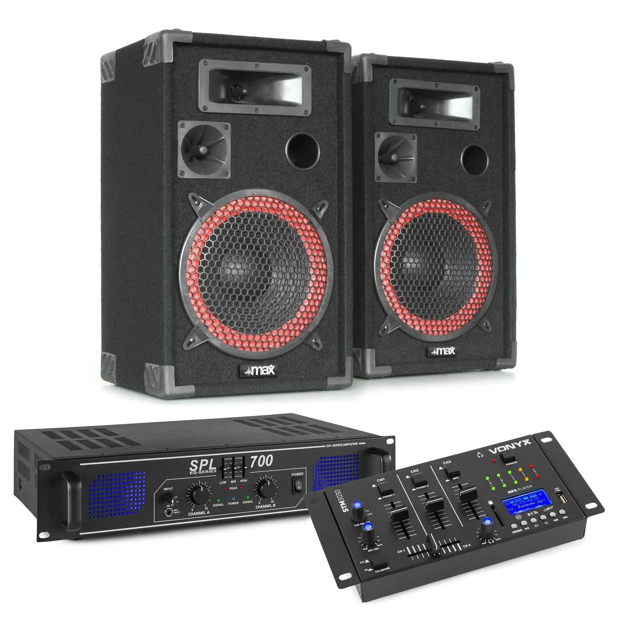 SkyTec Pack completo de DJ 700 W con Bluetooth, USB, mezclador y altavoces MAX