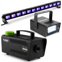 BeamZ Juego completo de efectos de Halloween con máquina de humo, luz estroboscópica LED y barra de luz negra LED