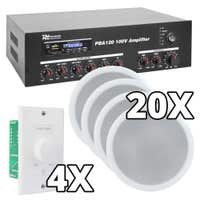 Power Dynamics Pack de sonido de 100V con 20 altavoces blancos de techo, amplificador bluetooth y 4 controles de volumen