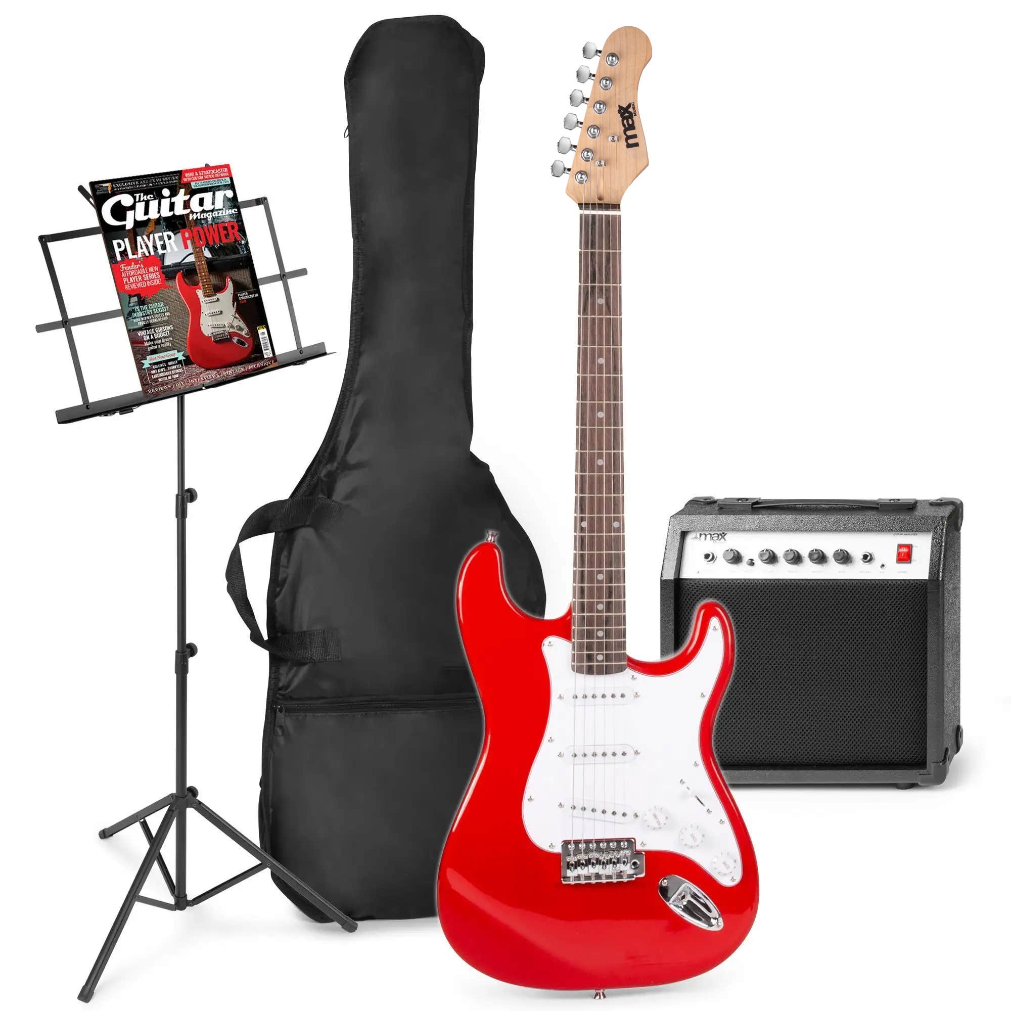 MAX GigKit Pack completo de guitarra eléctrica, amplificador y accesorios, con atril - Rojo