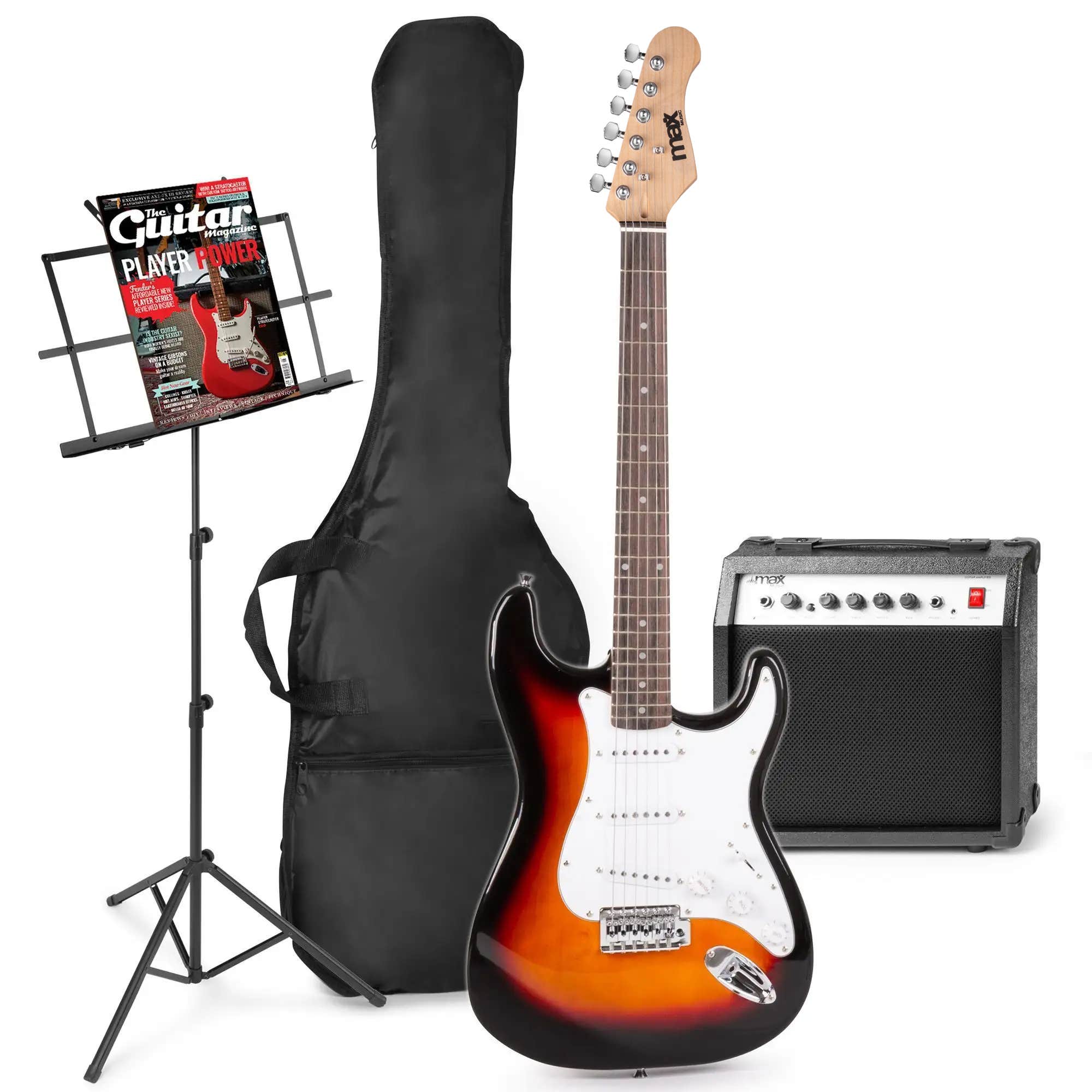MAX GigKit Pack completo de guitarra eléctrica, amplificador y accesorios, con atril - Sunburst