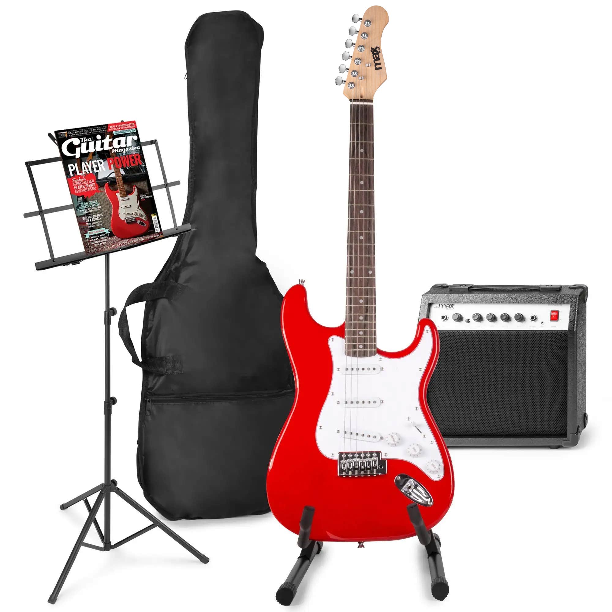 MAX GigKit Pack completo de guitarra eléctrica, amplificador y accesorios, con atril y soporte de guitarra - Rojo
