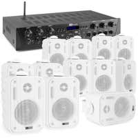 Power Dynamics Pack Sistema de sonido con amplificador PV260BT de 6 zonas con Bluetooth, 12 altavoces de superficie blancos BGO30, rollo de cable paralelo de 100m