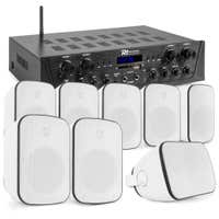 Power Dynamics - Sistema de sonido con amplificador PV240BT de 4 zonas y 8 altavoces blancos de montaje en superficie BD50W para interior/exterior