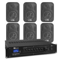 Power Dynamics Juego de altavoces de exterior 6 altavoces negros de 60 W y amplificador de 100 V, Bluetooth y reproductor mp3