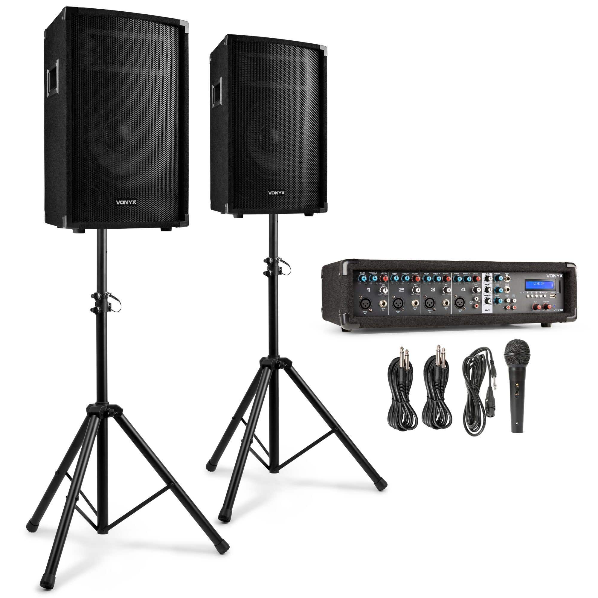 Vonyx VX210 – Sistema karaoke profesional para adultos con 2 altavoces de 10”, soportes, mezclador 4 canales, Bluetooth, USB/SD, color negro