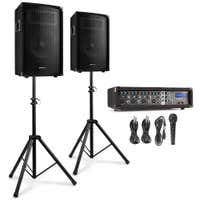 Vonyx VX210 – Sistema karaoke profesional para adultos con 2 altavoces de 10”, soportes, mezclador 4 canales, Bluetooth, USB/SD, color negro