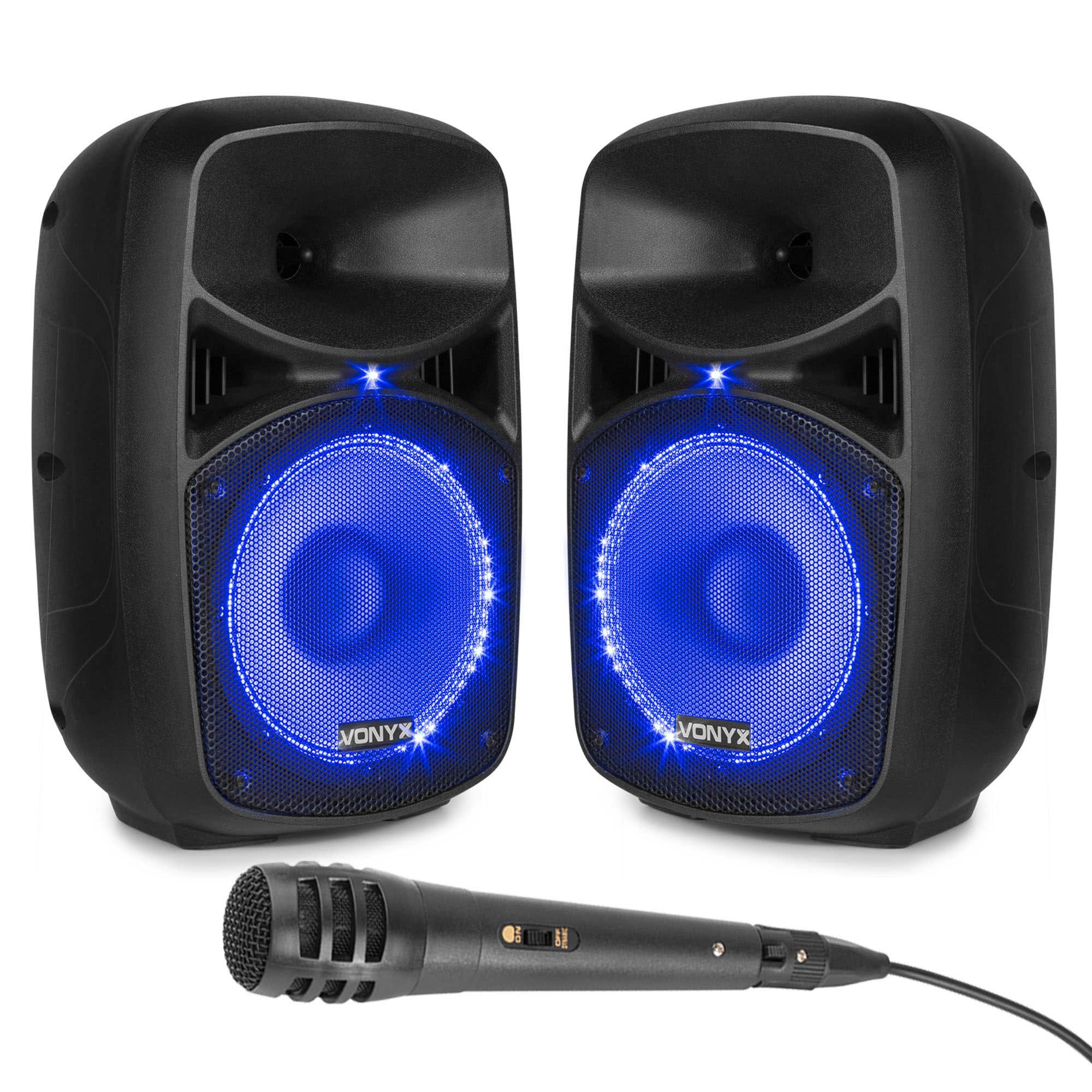 Vonyx VPS082A – Sistema de sonido activo 400W con 2 altavoces 8”, Bluetooth, USB, SD, micrófono, LED, cable RCA-Jack 2.5m y mando, karaoke para adultos, color negro