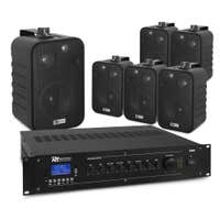 Power Dynamics Juego de altavoces 100V con 6 altavoces y amplificador, Bluetooth, 60W - Negro