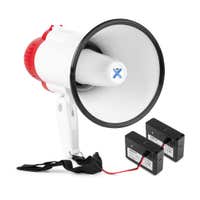 Vonyx MEG025 - Pack de megáfono con dos baterías de iones de litio - Megáfono de 25 W con sirena y Bluetooth - Rojo y blanco