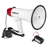 Vonyx MEG045 - Pack de megáfono con batería - Megáfono de 45 W con sirena y Bluetooth - Rojo y blanco