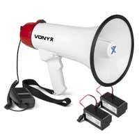 Vonyx MEG045 - Pack de megáfono con dos baterías incluidas - Megáfono de 45 W con sirena y Bluetooth - Rojo y blanco