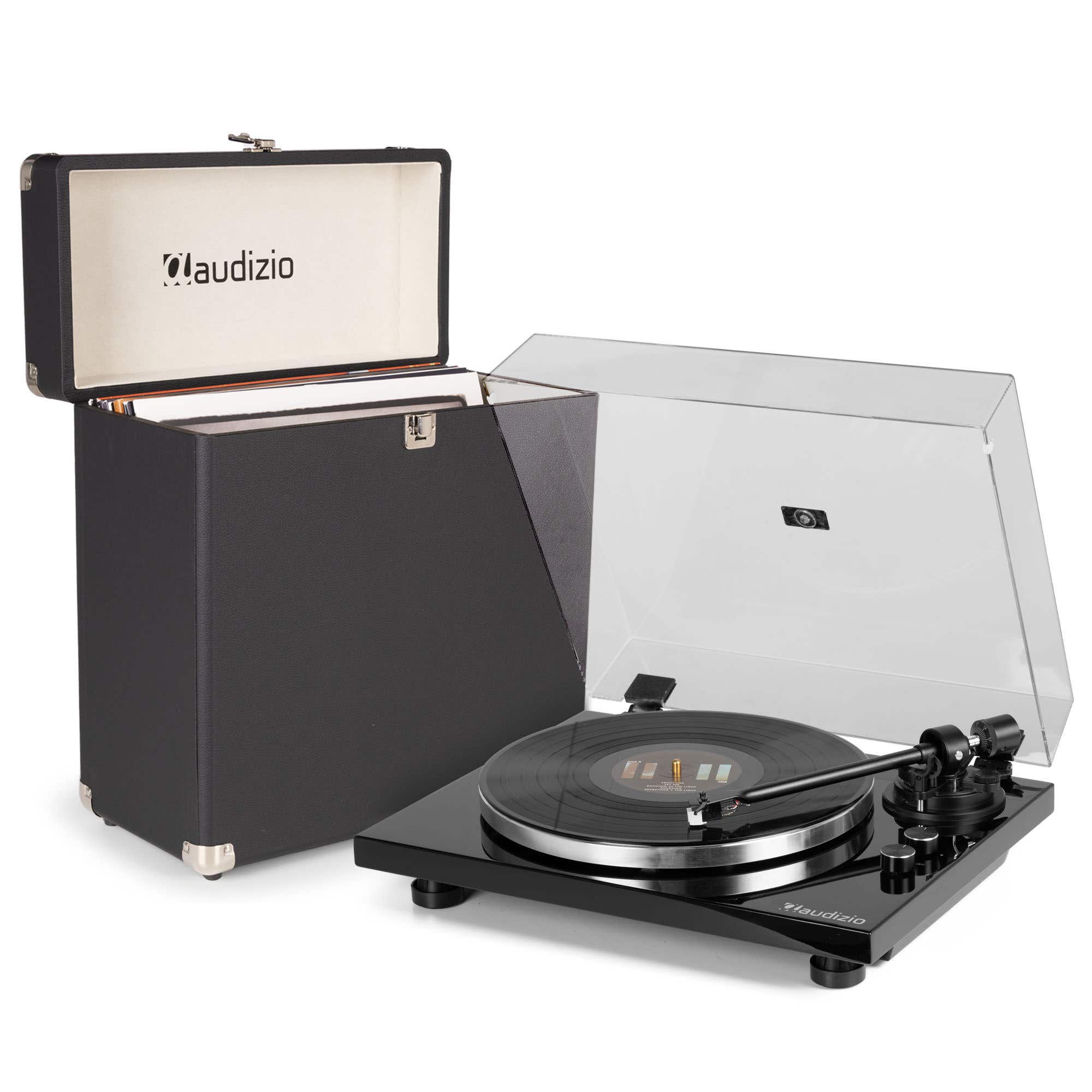 Audizio Toledo + RC32 – Pack tocadiscos de vinilo bluetooth con maleta para vinilos, reproductor vinilo HiFi 33/45 RPM, estilo vintage, color negro