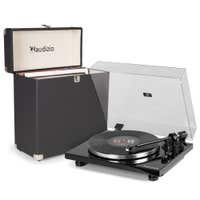 Audizio Toledo + RC32 – Pack tocadiscos de vinilo bluetooth con maleta para vinilos, reproductor vinilo HiFi 33/45 RPM, estilo vintage, color negro
