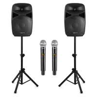 Vonyx VPS102A - Pack de Altavoces de Karaoke 600W con Micrófonos Inalámbricos, Bluetooth, USB/SD, LED y Trípodes