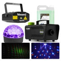 Set de discoteca de luz y láser BeamZ (con Jelly Ball, láser y máquina de humo) y líquido