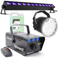 Set completo de efectos de Halloween BeamZ con máquina de humo con efecto hielo, luz estroboscópica LED y barra de luz negra LED con líquido