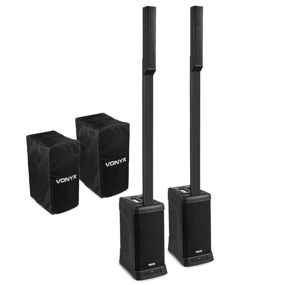 Vonyx VX820 – Pack de 2 altavoces de columna activos 800W en total, Bluetooth 5.0, mezclador y DSP + 2 fundas protectoras VX820, color negro