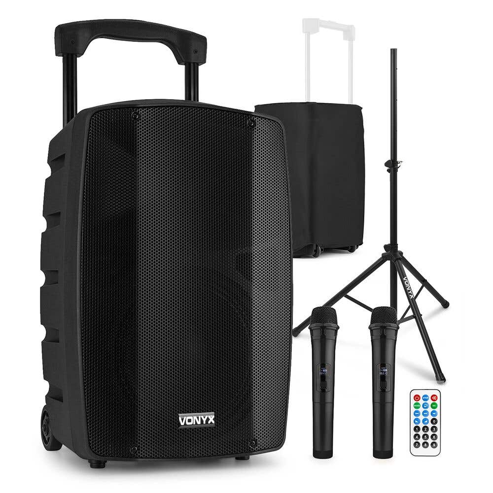 Vonyx VSP200 – Pack altavoz portátil Bluetooth 200W con woofer 10", 2 micrófonos UHF, trípode 1.8m y funda protectora