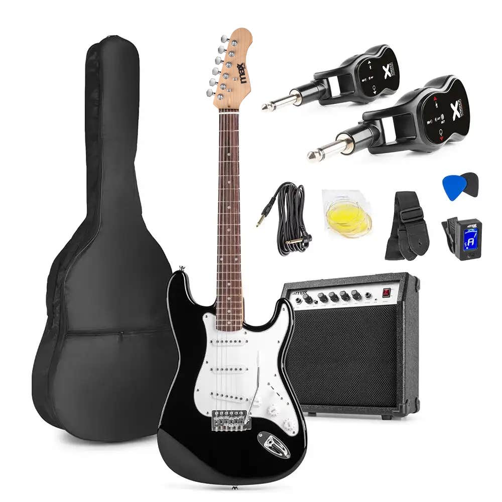 MAX GigKit Guitarra negra + Vonyx WGS20 - Set de guitarra eléctrica con sistema inalámbrico, amplificador de 40W y accesorios