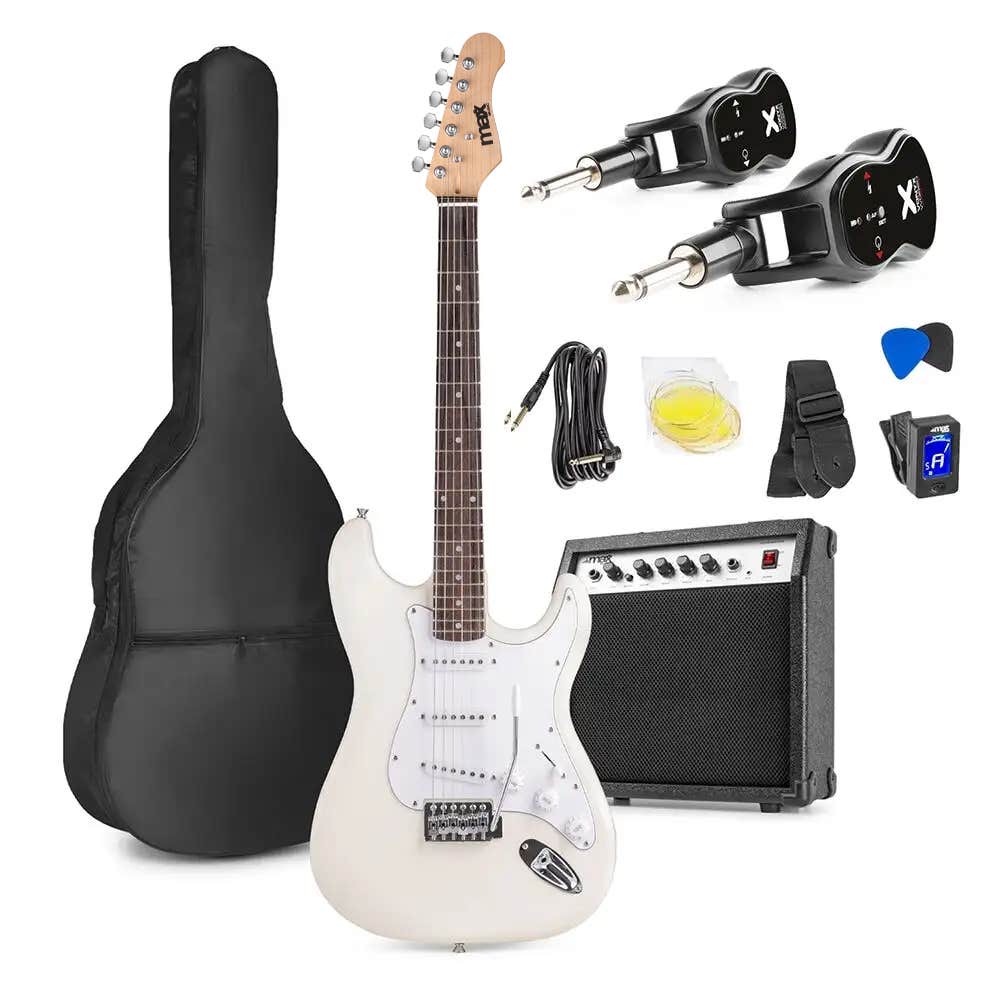 MAX GigKit + Vonyx WGS20 – kit guitarra electrica con amplificador para guitarra electrica y sistema inalámbrico, color blanco