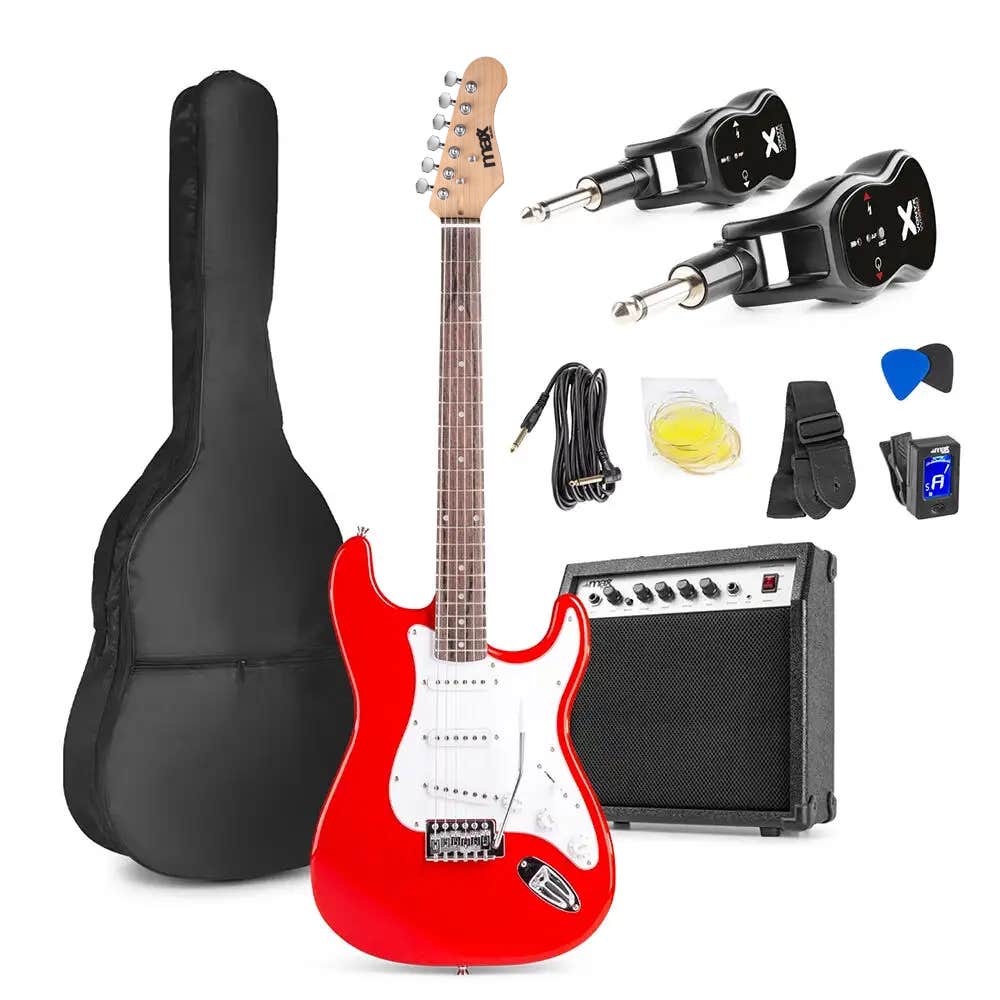 MAX GigKit + Vonyx WGS20 – kit guitarra electrica con amplificador para guitarra electrica y sistema inalámbrico, color rojo