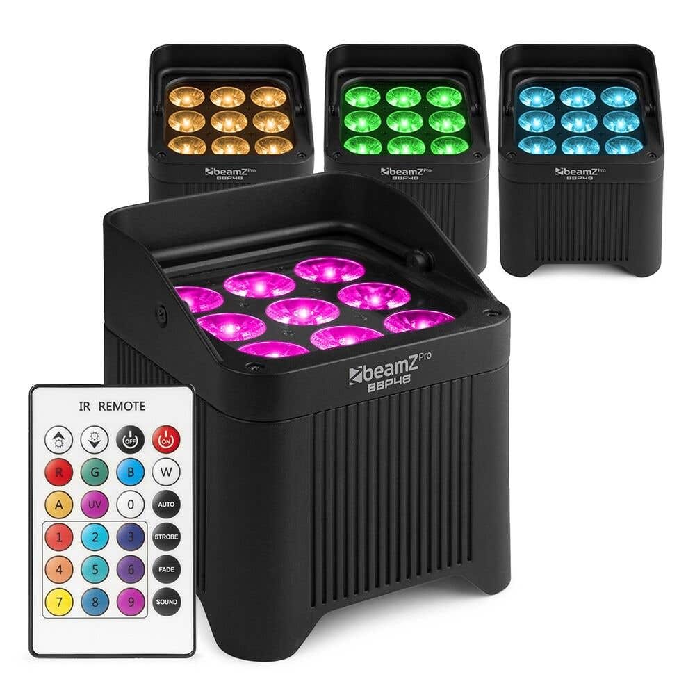BeamZ Professional BBP48 – Pack de 4 focos uplight con batería – IP65 impermeables con LED RGBAW-UV – Color negro