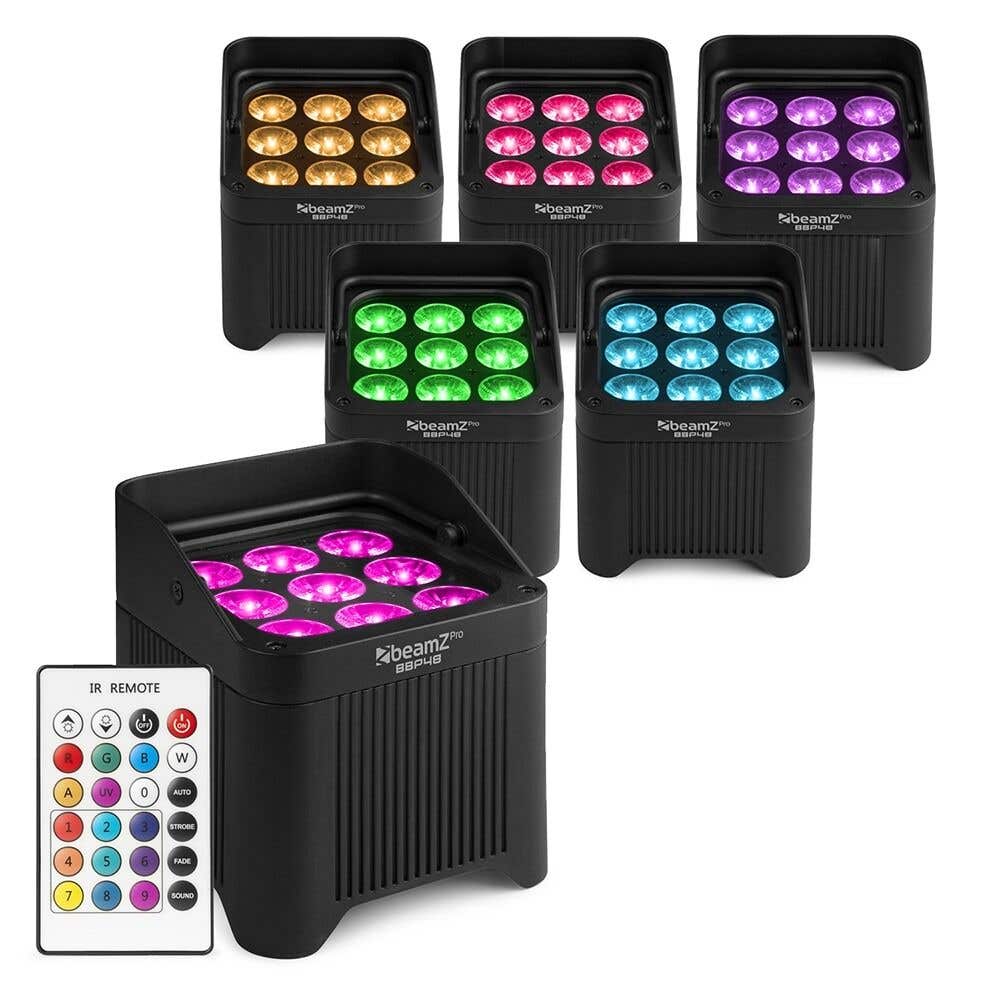 BeamZ Professional BBP48 – Pack de 6 focos uplight LED con batería – IP65 impermeables con LED RGBAW-UV de 12W – Color negro