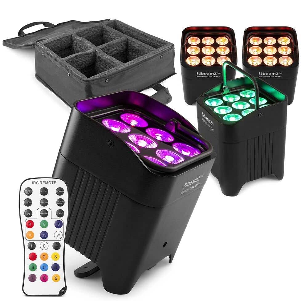 BeamZ Professional BBP59 – Pack de 4 Focos Par Led con 9 x 12W RGBWA-UV, batería, IP65 para interior y exterior con bolsa de transporte – Color negro