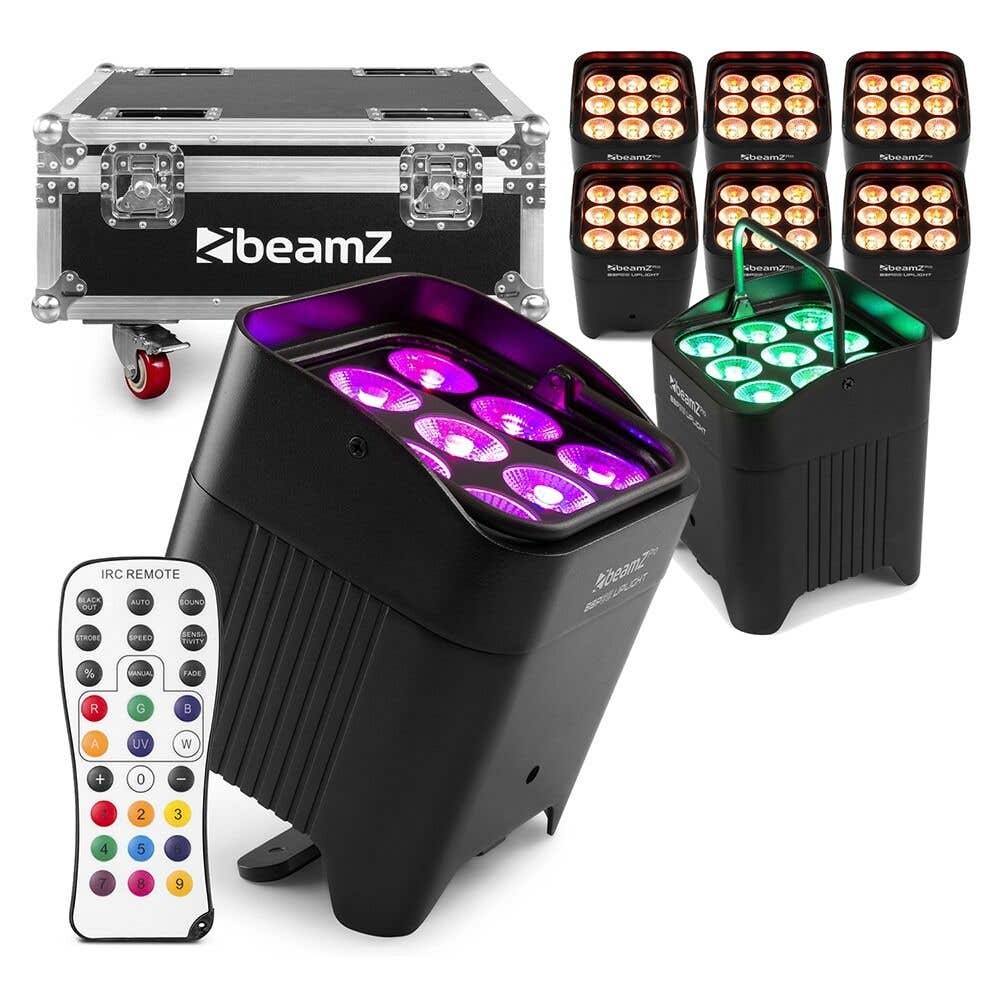 BeamZ Professional BBP59 – Pack de 8 Focos Par Led 9 x 12W RGBWA-UV, batería, IP65 para interior y exterior con flightcase BeamZ FCC10 – Color negro