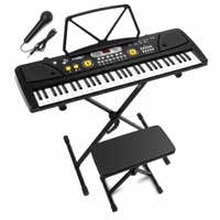MAX KD61 – Pack Completo de Piano infantil eléctrico 61 teclas con soporte y banqueta, batería recargable y micrófono – Color negro