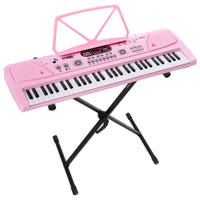 MAX KD61P – Piano infantil de 61 teclas con soporte ajustable, batería recargable y micrófono, ideal para principiantes, color rosa