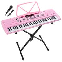 MAX KD61P – Piano infantil de 61 teclas con soporte ajustable, batería recargable y micrófono, ideal para principiantes, color rosa