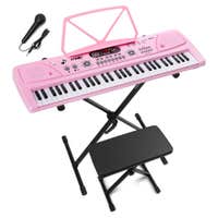 MAX KD61P – Piano infantil de 61 teclas con soporte, banqueta, batería recargable y micrófono, ideal para principiantes, color rosa