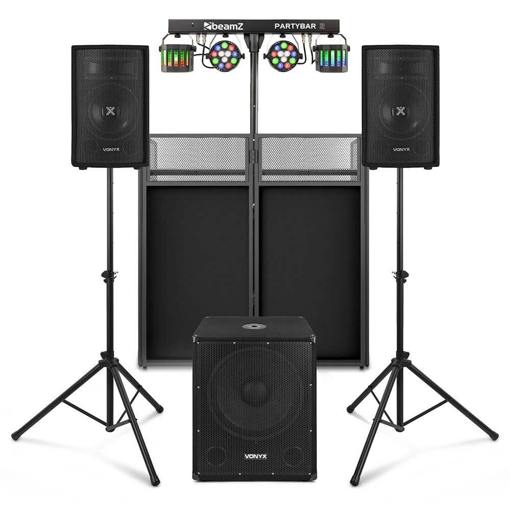 Vonyx VX0812BT – Pack DJ completo 2.1 800W con Bluetooth + cabina DJ DB4 Pro + iluminación BeamZ PartyBar2 con soporte, Color negro